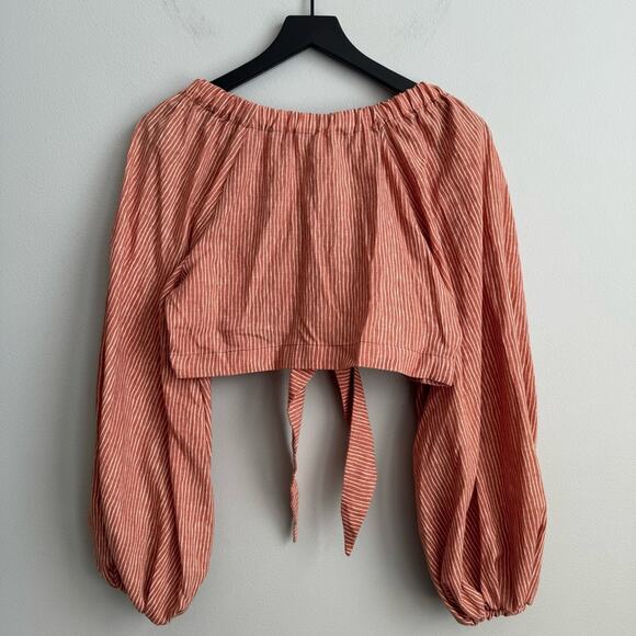 MOODSTORIES Striped Balloon Sleeve Tie Front Crop Top in Terracotta EU Small - Picture 6 of 9